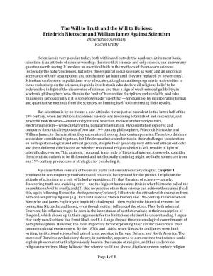 Friedrich Nietzsche and William James Against Scientism Dissertation Summary Rachel Cristy