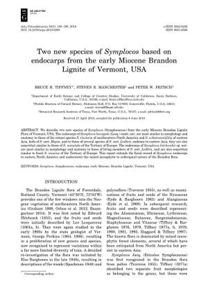 Two New Species of Symplocos Based on Endocarps from the Early Miocene Brandon Lignite of Vermont, USA