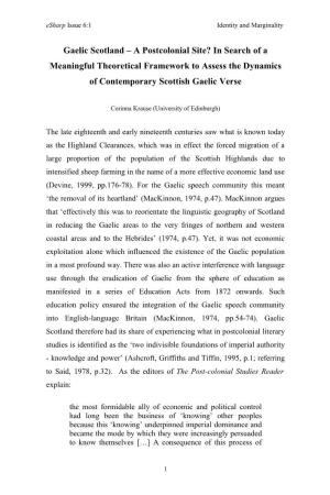 Gaelic Scotland – a Postcolonial Site? in Search of a Meaningful Theoretical Framework to Assess the Dynamics of Contemporary Scottish Gaelic Verse