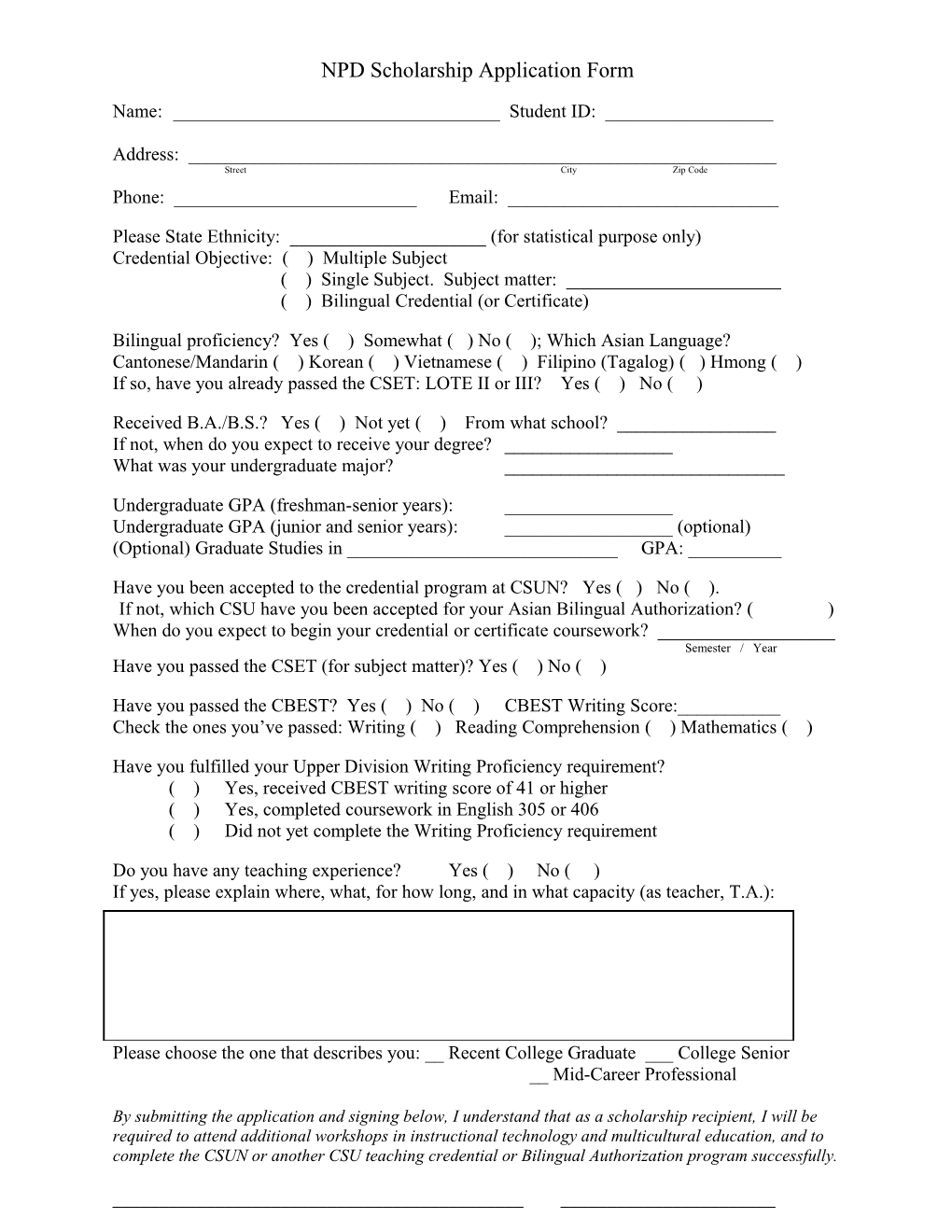 NPD Scholarship Application Form