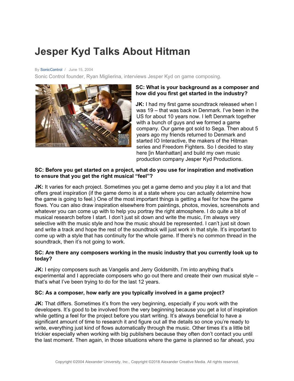 Jesper Kyd Talks About Hitman