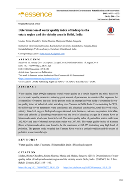 Determination of Water Quality Index of Indraprastha Estate Region and the Vicinity Area in Delhi, India