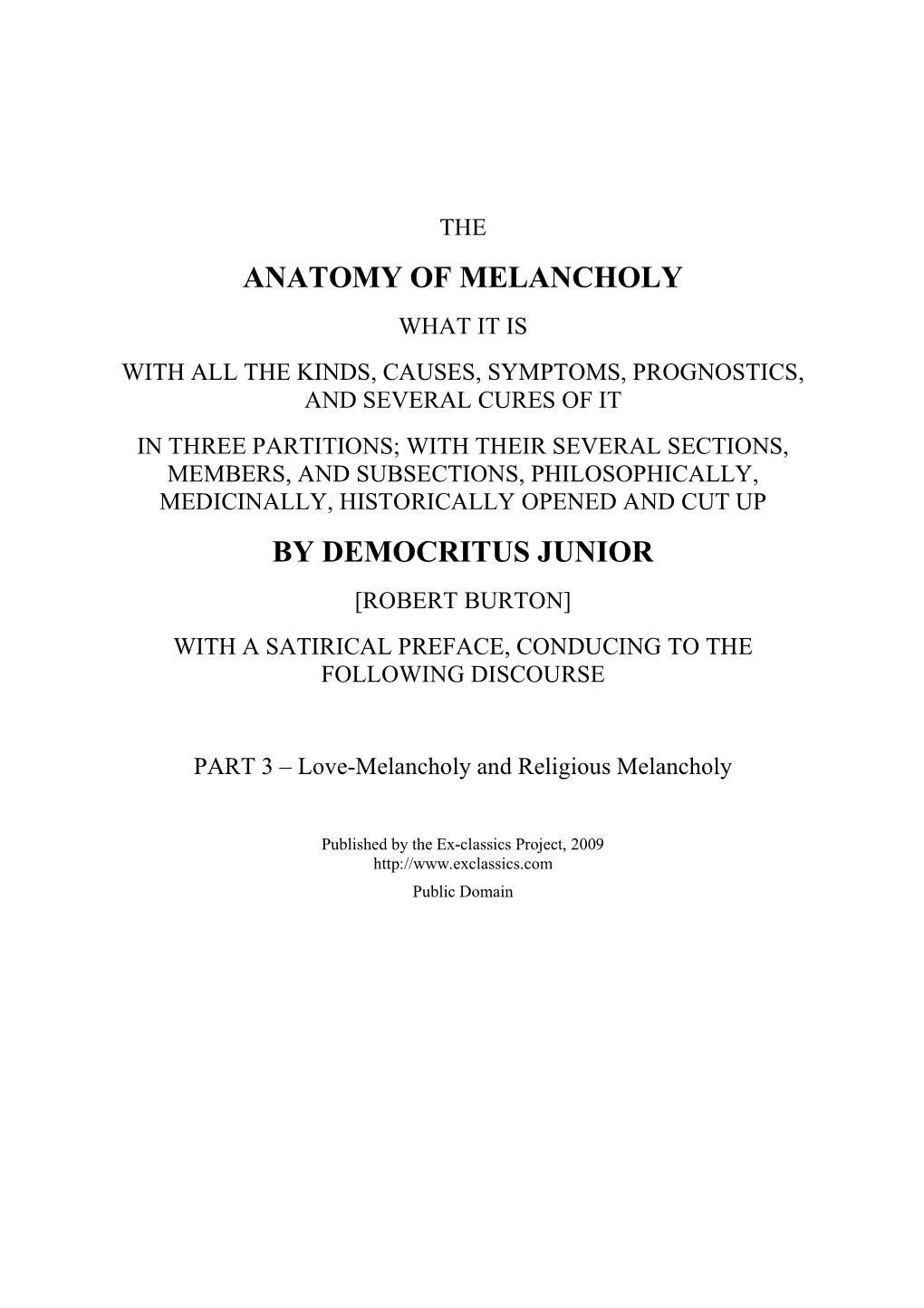 Anatomy of Melancholy by Democritus Junior