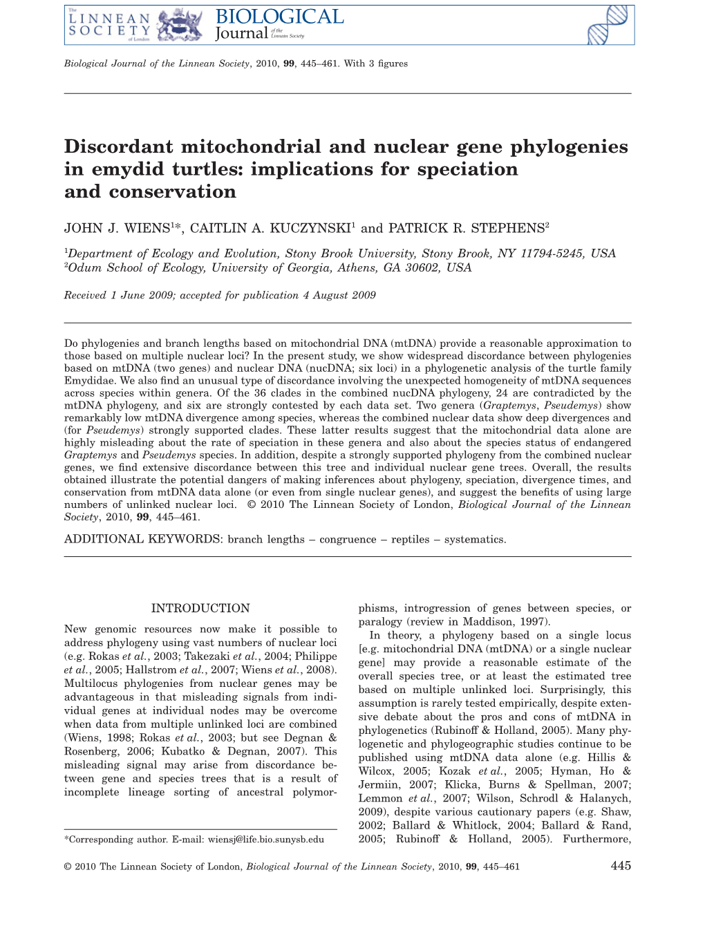 Discordant Mitochondrial and Nuclear Gene Phylogenies in Emydid Turtles: Implications for Speciation and Conservation