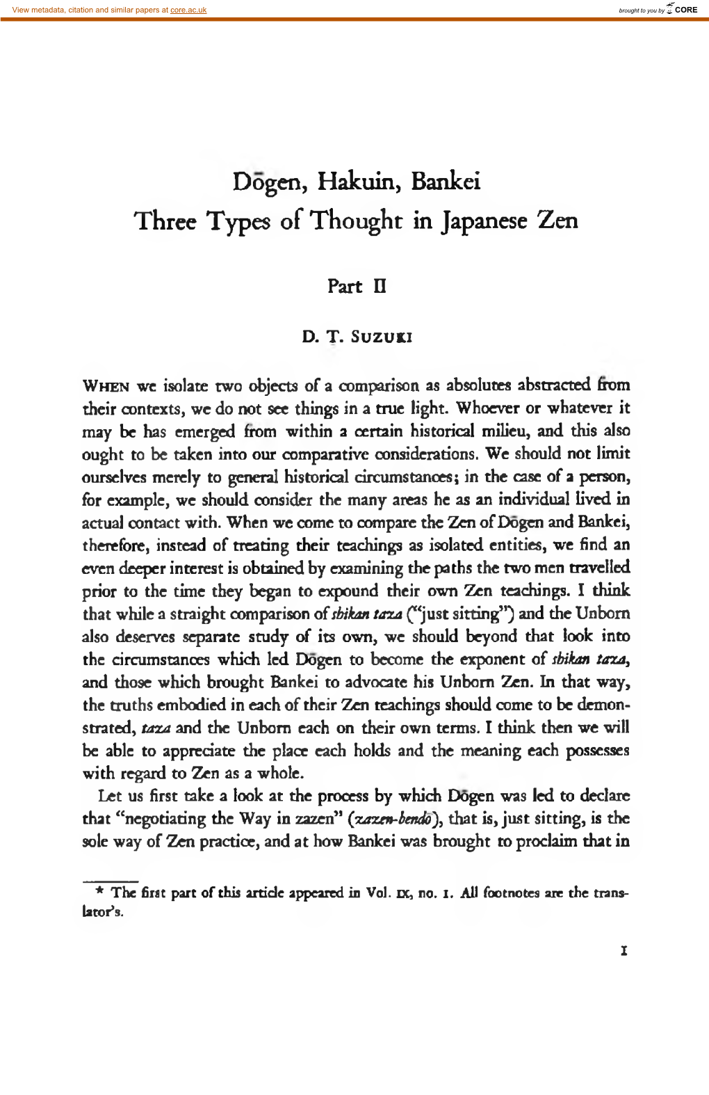 Dogen, Hakuin, Bankei Three Types of Thought in Japanese Zen