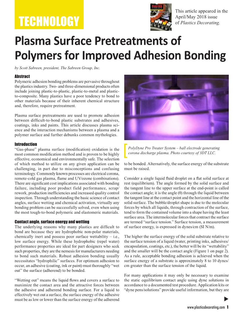 Plasma Surface Pretreatments of Polymers for Improved Adhesion Bonding by Scott Sabreen, President, the Sabreen Group, Inc
