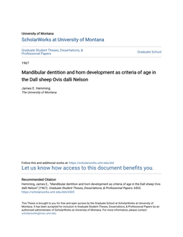 Mandibular Dentition and Horn Development As Criteria of Age in the Dall Sheep Ovis Dalli Nelson