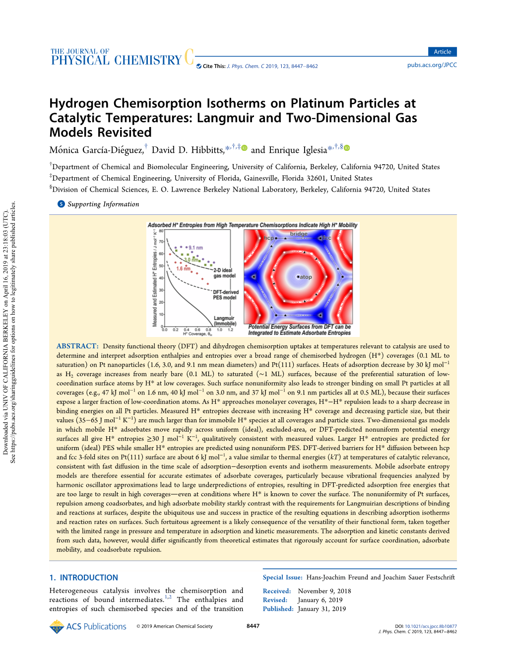 Hydrogen Chemisorption Isotherms on Pt Particles at Catalytic