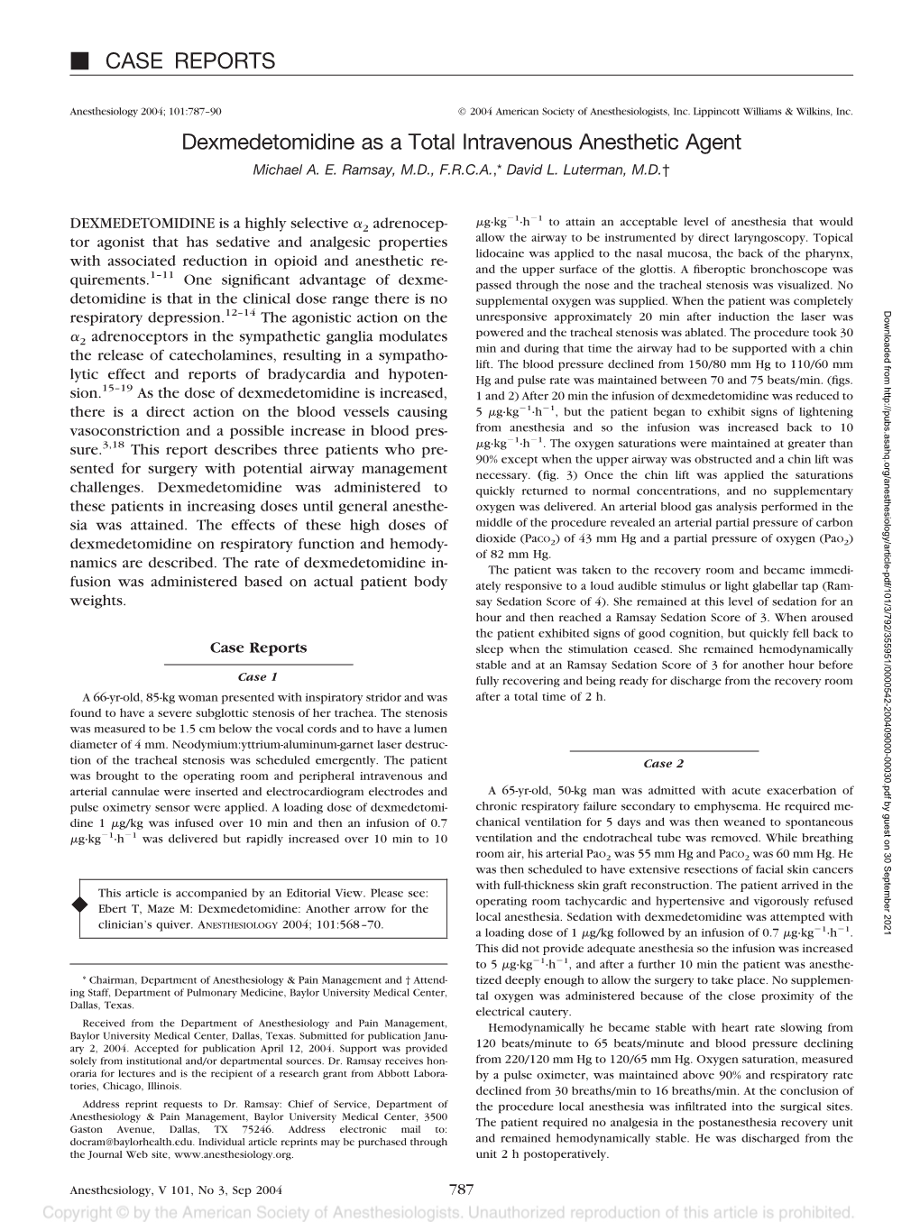 CASE REPORTS Dexmedetomidine As a Total Intravenous Anesthetic Agent