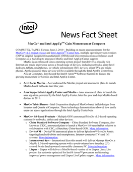 Fact Sheet: Meego* and Intel Appupsm Gain Momentum At
