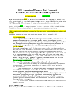 2015 International Plumbing Code (Amended) Backflow/Cross-Connection Control Requirements