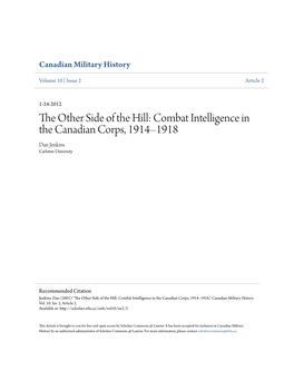 The Other Side of the Hill: Combat Intelligence in the Canadian Corps, 1914Â•ﬁ1918