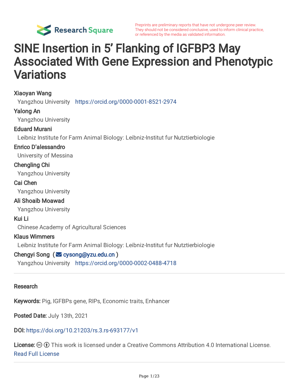 SINE Insertion in 5' Flanking of IGFBP3 May Associated with Gene