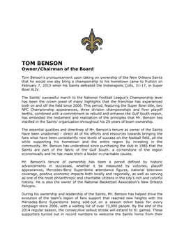 TOM BENSON Owner/Chairman of the Board