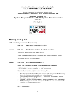 IALJS-9 CONFERENCE PROGRAM Thursday, 15Th May 2014