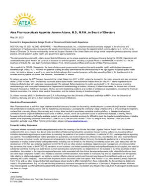 Atea Pharmaceuticals Appoints Jerome Adams, MD, MPH, to Board