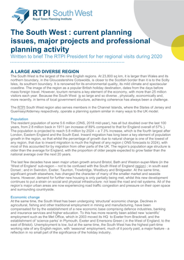 The South West : Current Planning Issues, Major Projects and Professional Planning Activity Written to Brief the RTPI President for Her Regional Visits During 2020