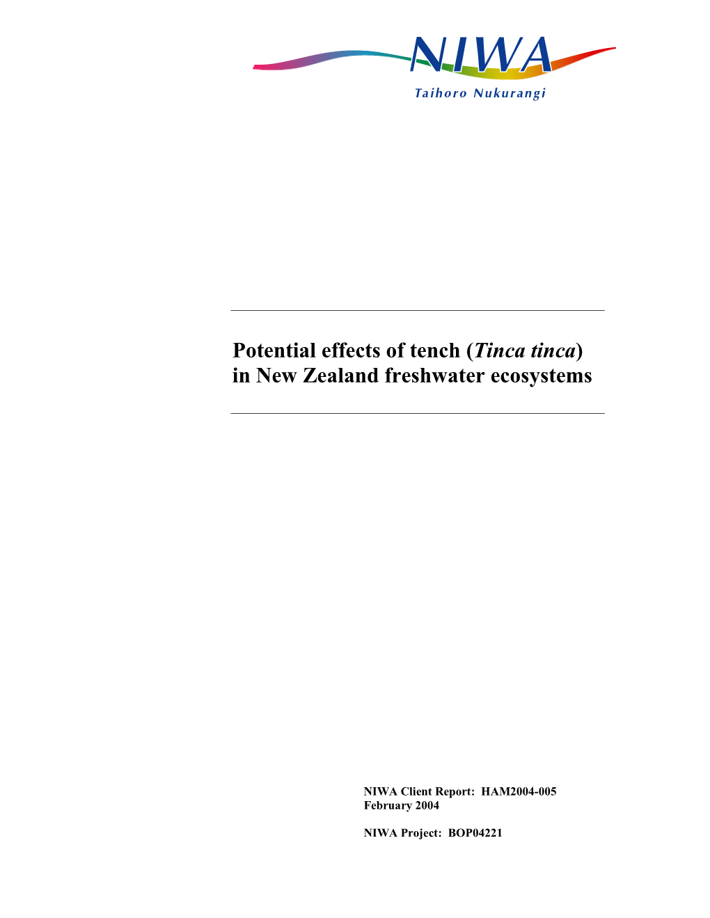 Potential Effects of Tench (Tinca Tinca) in New Zealand Freshwater