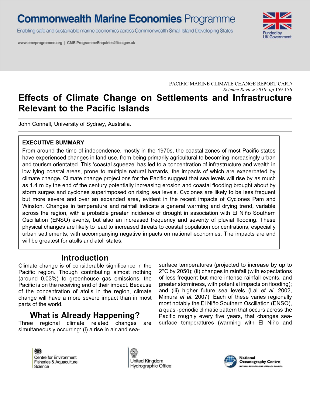 Effects of Climate Change on Settlements and Infrastructure Relevant to the Pacific Islands
