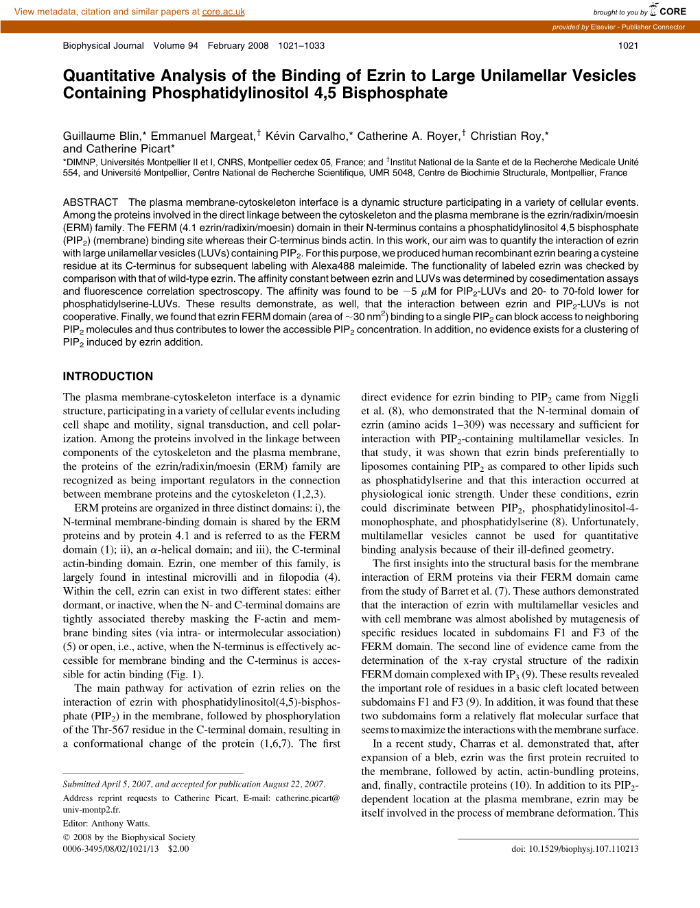 Quantitative Analysis of the Binding of Ezrin to Large Unilamellar Vesicles Containing Phosphatidylinositol 4,5 Bisphosphate