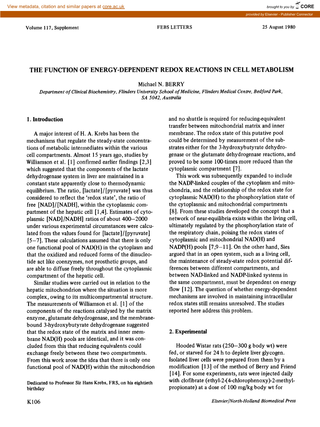 The Function of Energy-Dependent Redox Reactions in Cell Metabolism