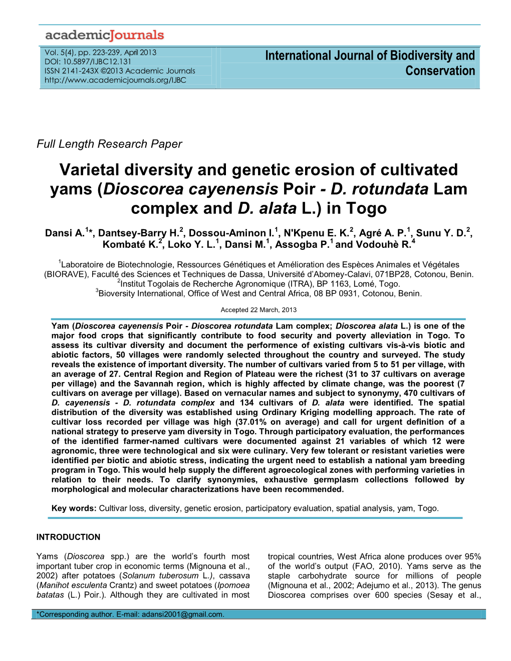 Varietal Diversity and Genetic Erosion of Cultivated Yams (Dioscorea Cayenensis Poir - D