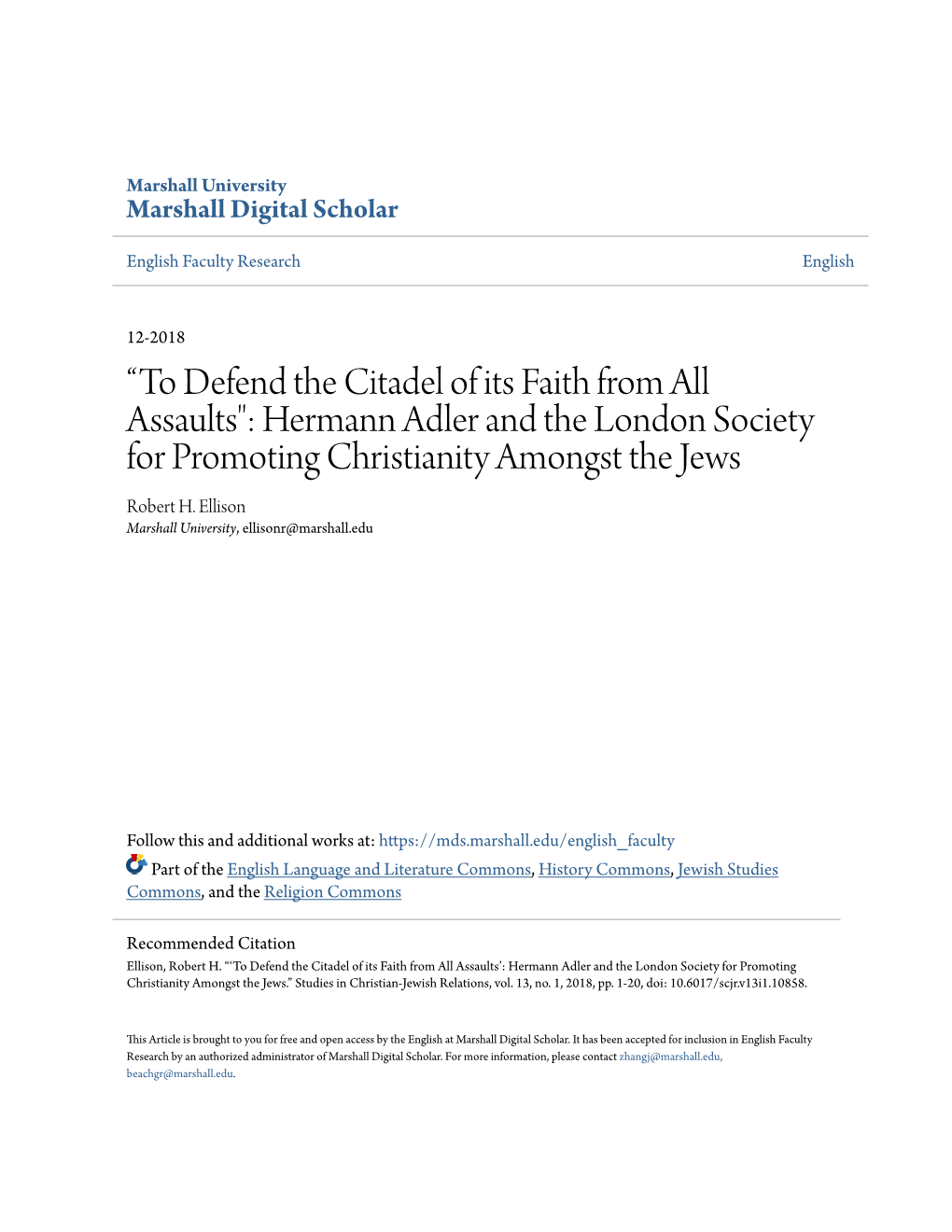 “To Defend the Citadel of Its Faith from All Assaults": Hermann Adler and the London Society for Promoting Christianity Amongst the Jews Robert H