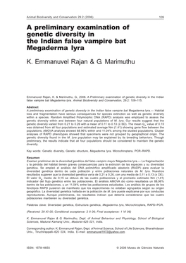 A Preliminary Examination of Genetic Diversity in the Indian False Vampire Bat Megaderma Lyra K