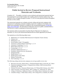 Public Invited to Review Proposed Instructional Materials and Textbooks