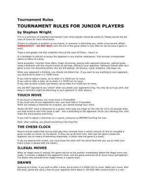 TOURNAMENT RULES for JUNIOR PLAYERS by Stephen Wright This Is a Summary of Important Tournament Rules Which Players Should Be Aware Of