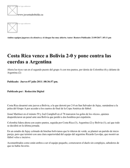 Costa Rica Vence a Bolivia 2-0 Y Pone Contra Las Cuerdas a Argentina