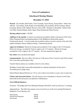 Town of Londonderry Selectboard Meeting Minutes December 17, 2018