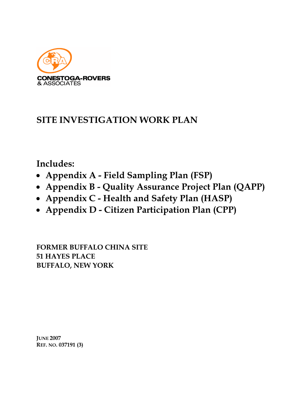 SITE INVESTIGATION WORK PLAN Includes