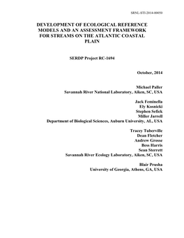 Development of Ecological Reference Models and an Assessment Framework for Streams on the Atlantic Coastal Plain