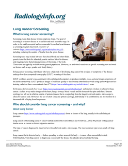 Lung Cancer Screening What Is Lung Cancer Screening? Screening Exams Find Disease Before Symptoms Begin