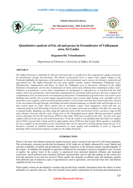 Quantitative Analysis of Fat, Oil and Grease in Groundwater of Valikamam Area, Sri Lanka