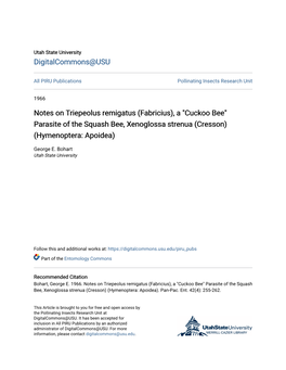 Notes on Triepeolus Remigatus (Fabricius), a "Cuckoo Bee" Parasite of the Squash Bee, Xenoglossa Strenua (Cresson) (Hymenoptera: Apoidea)