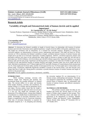 Research Article Variability of Length and Osteometrical Study of Human