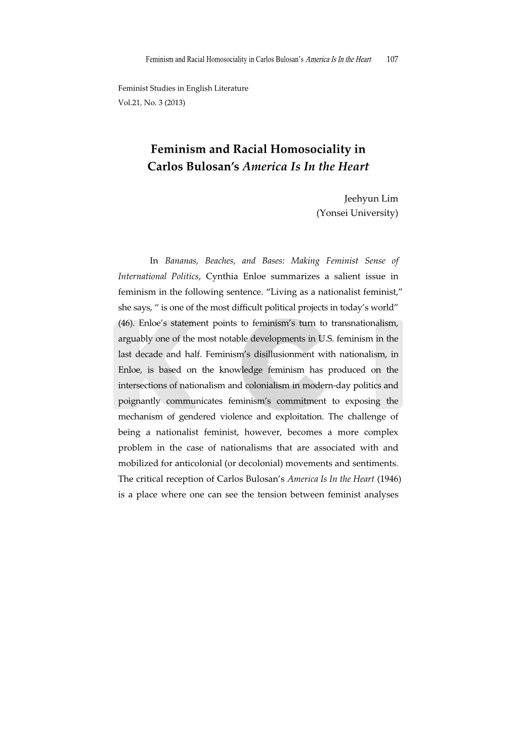 Feminism and Racial Homosociality in Carlos Bulosan's America Is in The