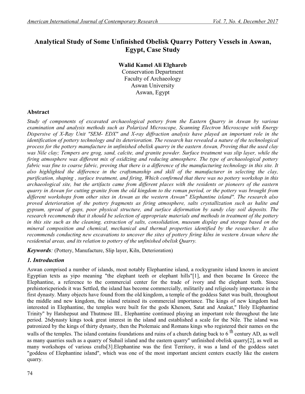 Analytical Study of Some Unfinished Obelisk Quarry Pottery Vessels in Aswan, Egypt, Case Study