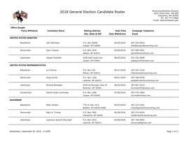 2018 General Election Candidate Roster 2020 Carey Ave., Ste 600 Cheyenne, WY 82002 Ph