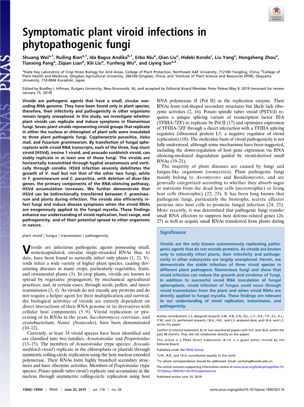 Symptomatic Plant Viroid Infections in Phytopathogenic Fungi