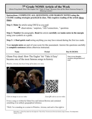 7Th Grade NOMS Article of the Week Glenn Frey Dead: How the Eagles’ Hit “Take It Easy” Became One of the Most Famous Songs in History (1120L)