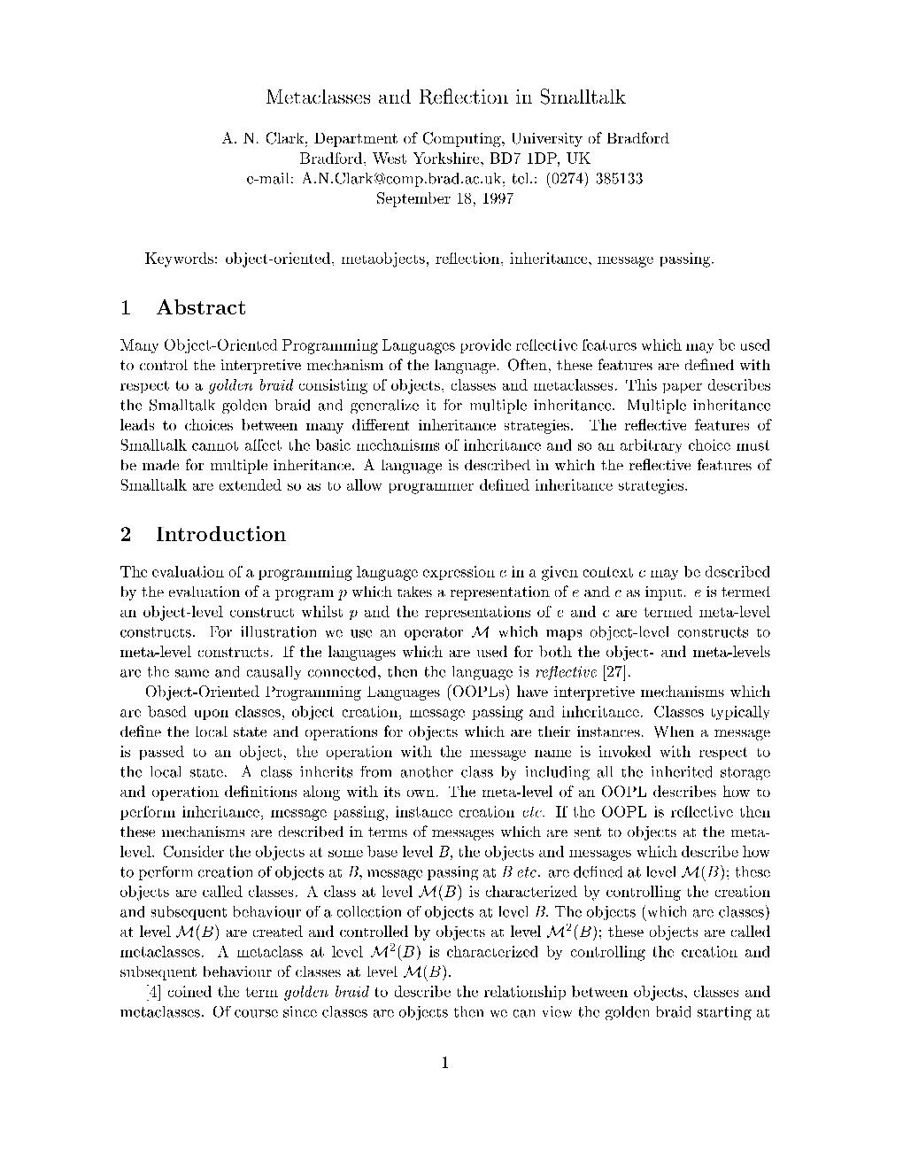 Metaclasses and Re Ection in Smalltalk