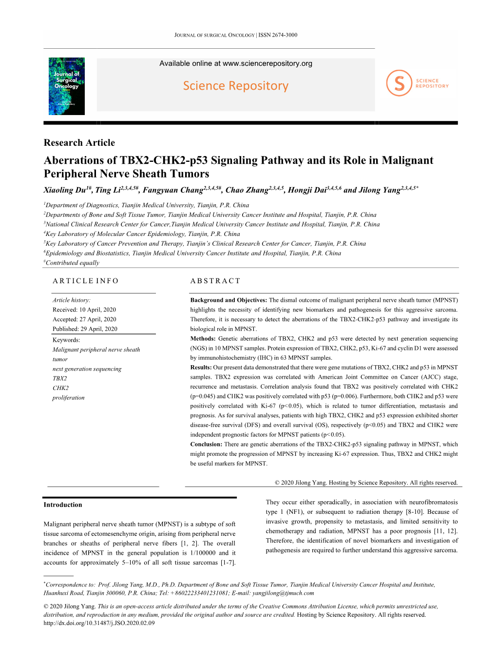 Aberrations of TBX2-CHK2-P53 Signaling Pathway and Its Role In