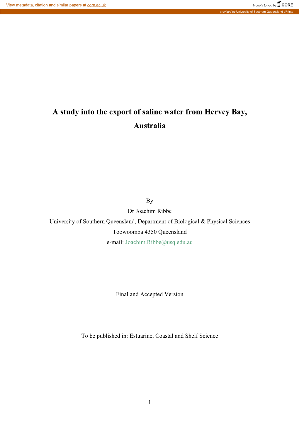 A Study Into the Export of Saline Water from Hervey Bay, Australia