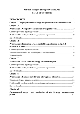 National Transport Strategy of Ukraine 2030 TABLE of CONTENTS