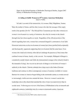 Paper for the Oxford Institute of Methodist Theological Studies, August 2007 History of Methodism Working Group