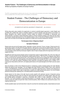 The Challenges of Democracy and Democratization in Europe Written by Students of Goethe University Frankfurt