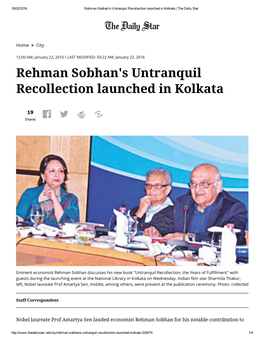 Rehman Sobhan's Untranquil Recollection Launched in Kolkata | the Daily Star